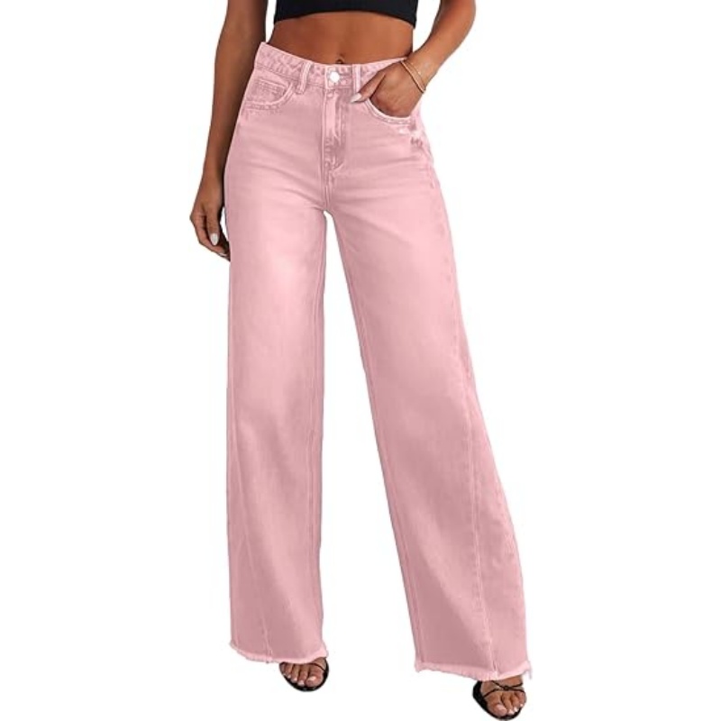 Women's High Waisted Stretchy Wide Leg Raw Hem Jeans
