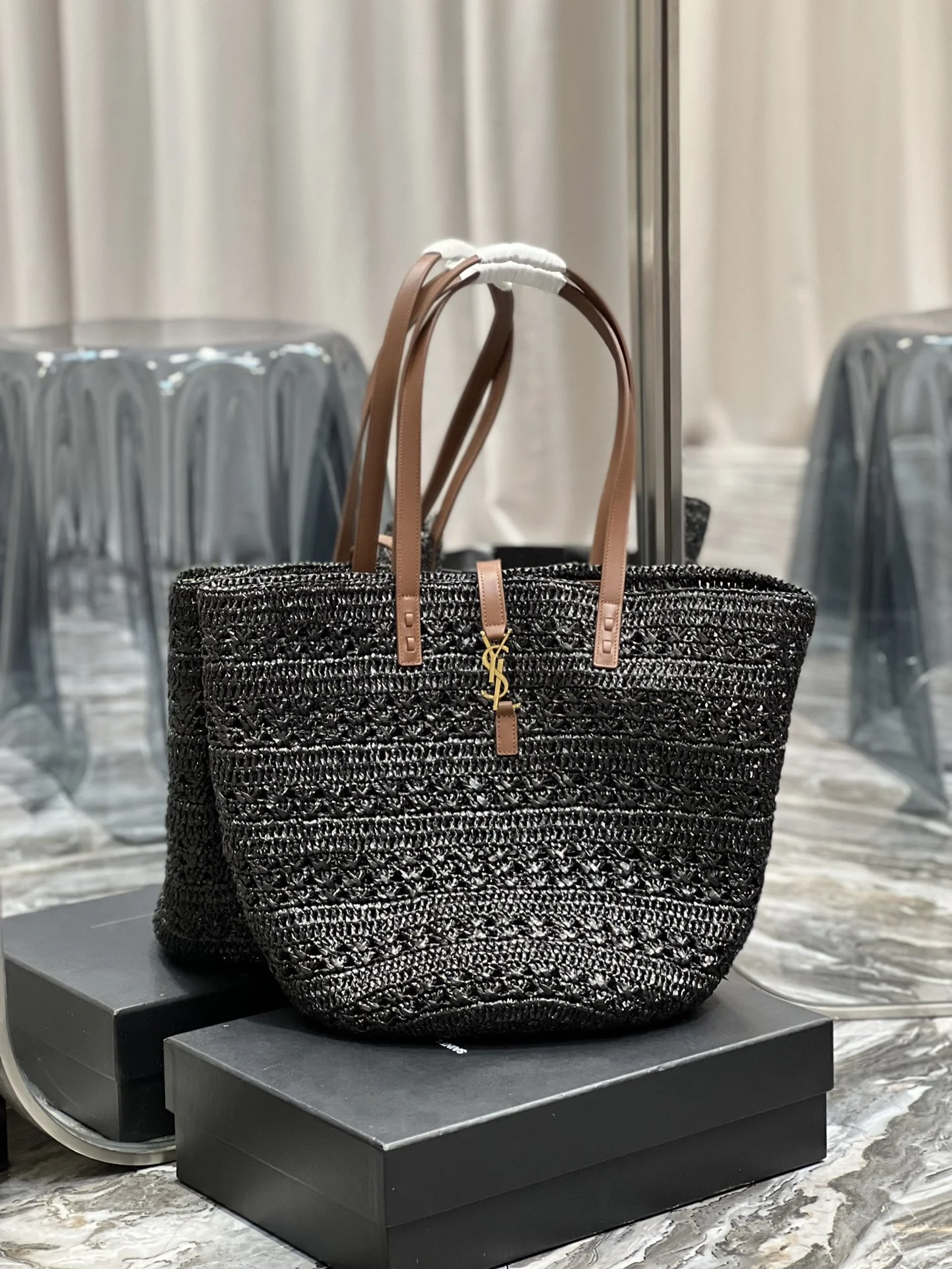 Saint Laurent Hollow Straw Woven Tote Bag Black For Women, Women’s Bags 21.6in/55cm YSL
