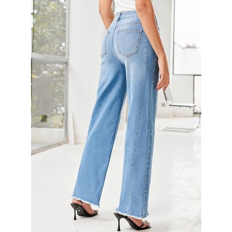 Women's High Waisted Stretchy Wide Leg Raw Hem Jeans