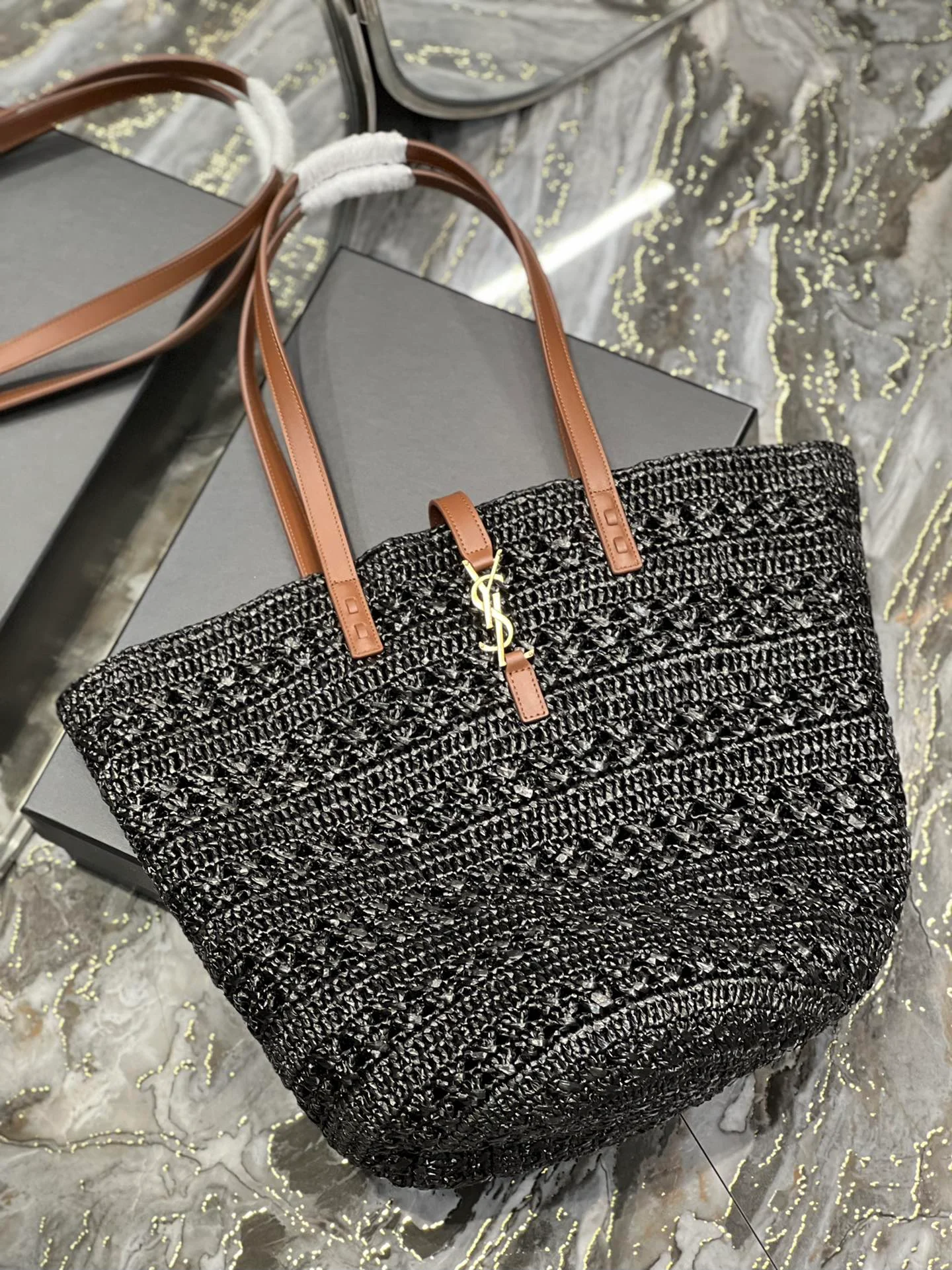 Saint Laurent Hollow Straw Woven Tote Bag Black For Women, Women’s Bags 21.6in/55cm YSL