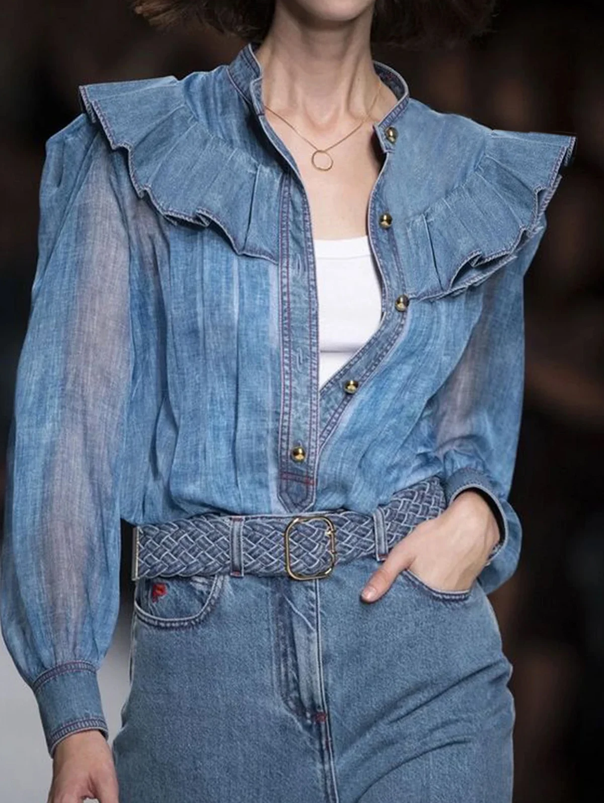 Fashion Pleated Ruffles Shirt Women See Through Long Sleeves Patchwork Design Single-breasted Tops 2026 Spring New Clothing