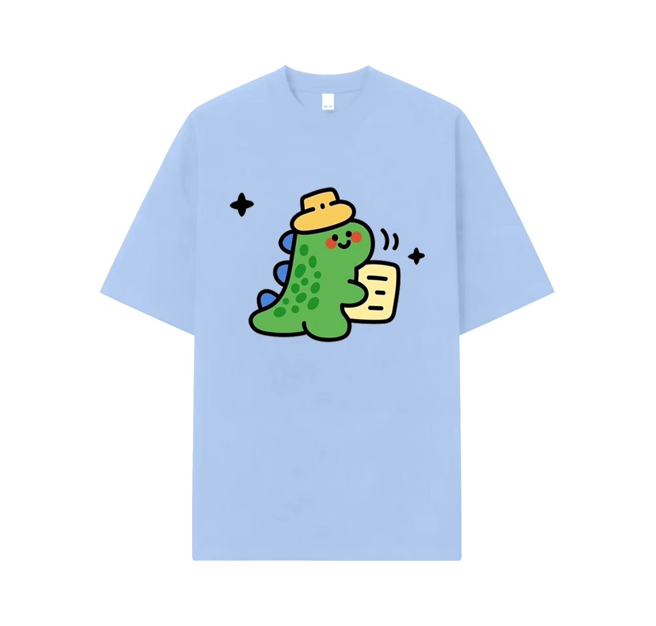 A cute short-sleeve shirt featuring a little dinosaur wearing a hat—an essential piece for your summer wardrobe.