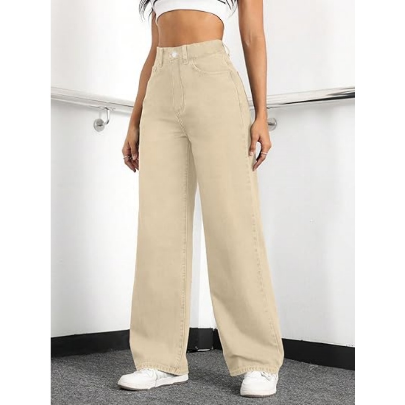 Women's High Waisted Stretchy Straight Leg Jeans, Loose Baggy Boyfriend Wide Leg Denim Pants