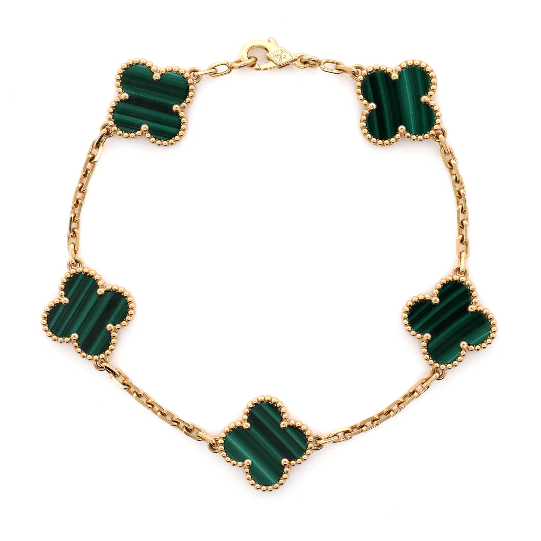 Vintage Alhambra 5 Motifs Bracelet 18K Yellow Gold and Malachite