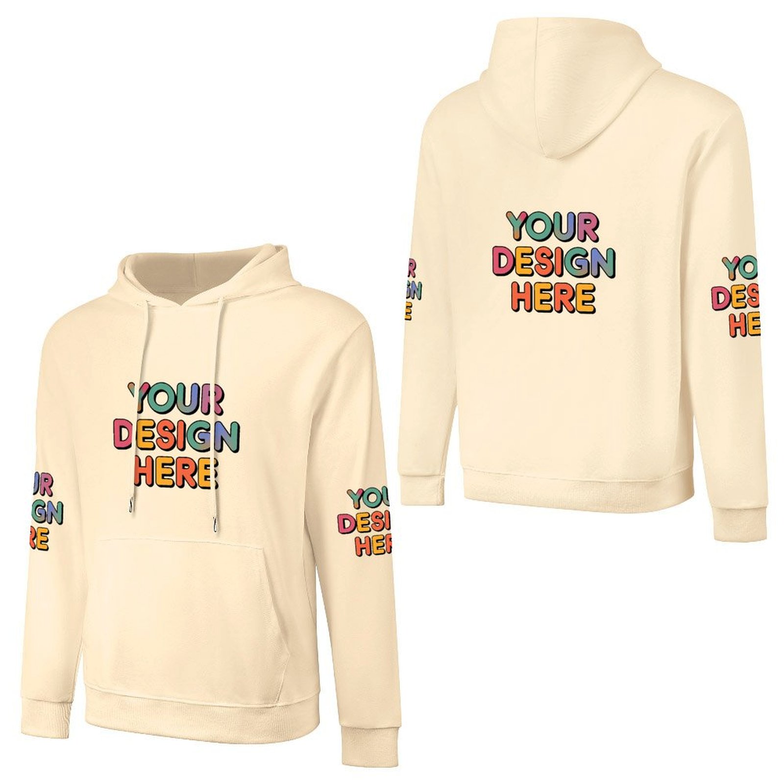 Customized Men’s Fashionable Hooded Sweater with Front, Back, and Sleeve Prints