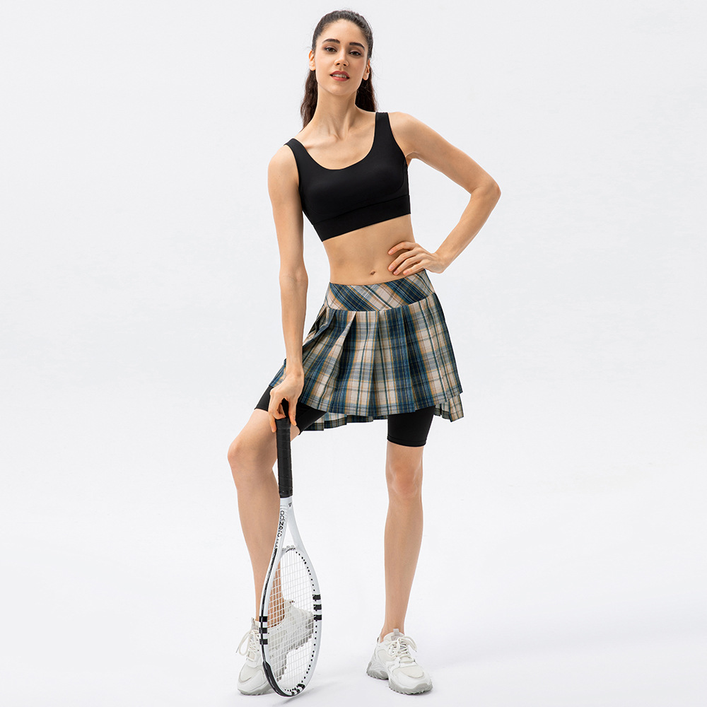 Women's plaid faux two-piece tennis skirt, suitable for outdoor running, fitness training, and anti-exposure sports.