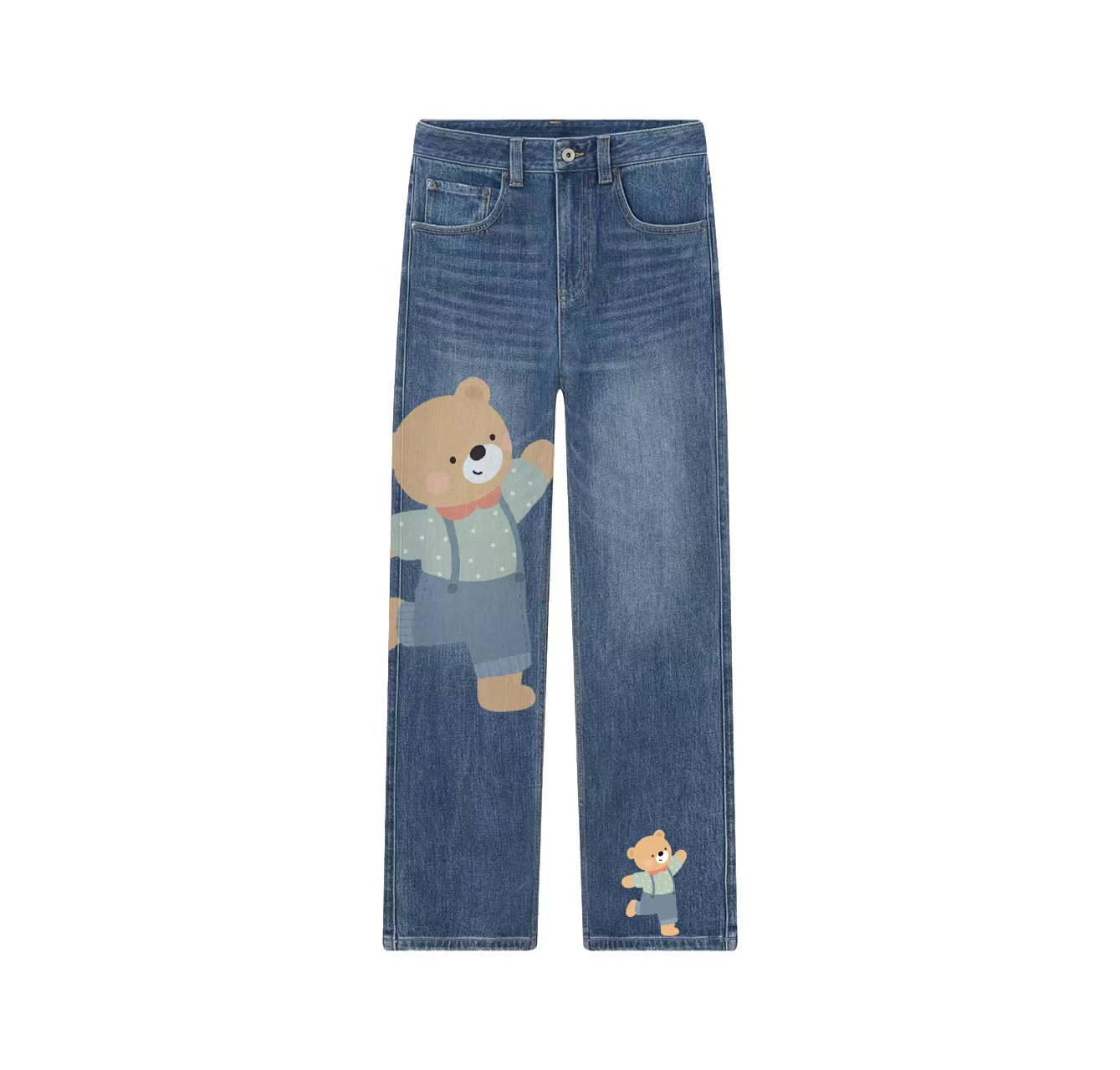 A pair of jeans with a cute bear print—a wardrobe essential.