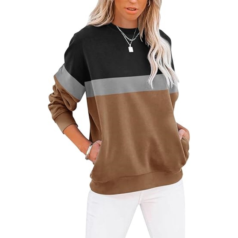 Women's Crewneck Sweatshirt, Cotton Blend Loose Fit Pullover with Side Pockets