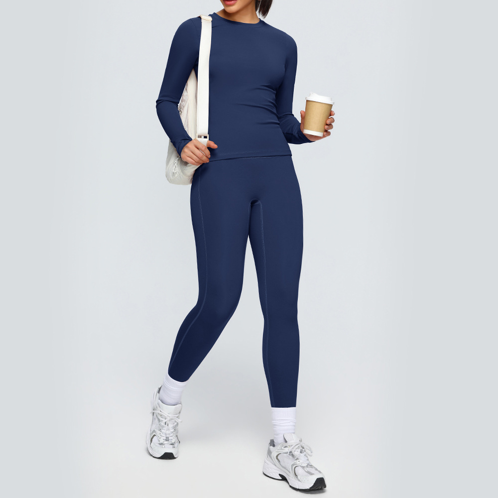 New European and American style double-sided brushed yoga suit set, breathable and tight-fitting sports long-sleeved pants, running and fitness two-piece set