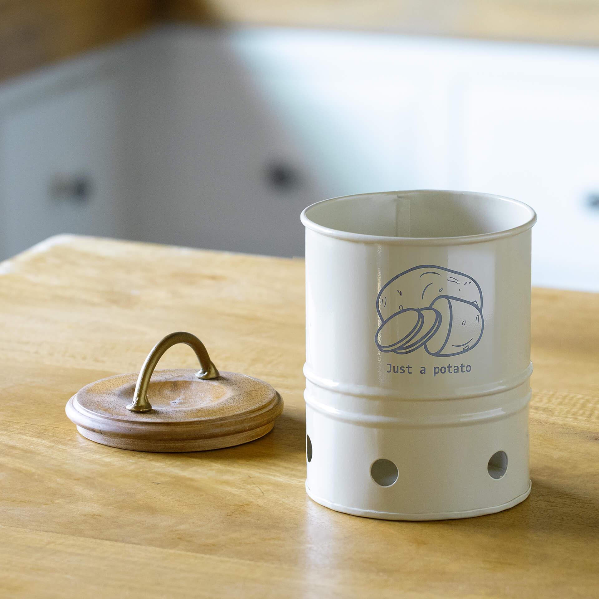 Egg Shell Metal Potato Storage Bin With Wooden Lid