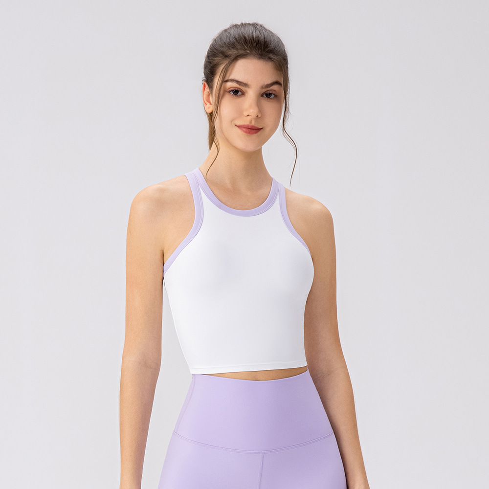 Women's round neck yoga vest, suitable for running and fitness, color-blocked, breathable, and comfortable sports bra
