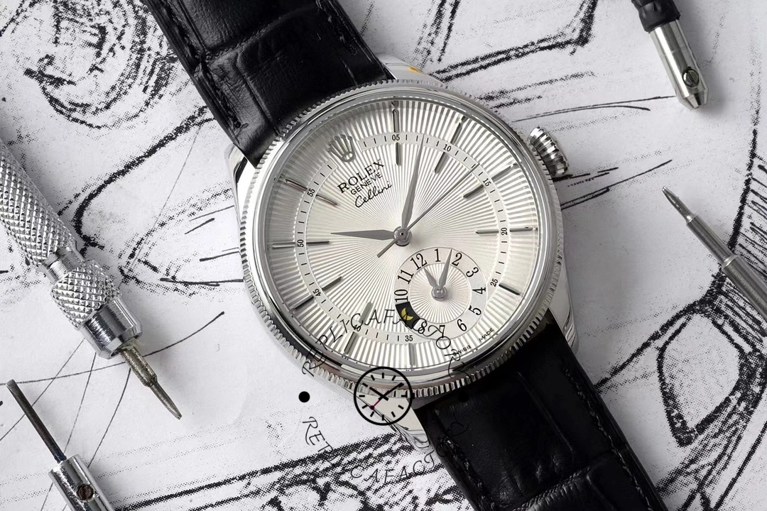 Rolex Cellini Dual Time 50529 Silver Sunburst Dial Brown Leather Strap 39mm Mens Replica Watch