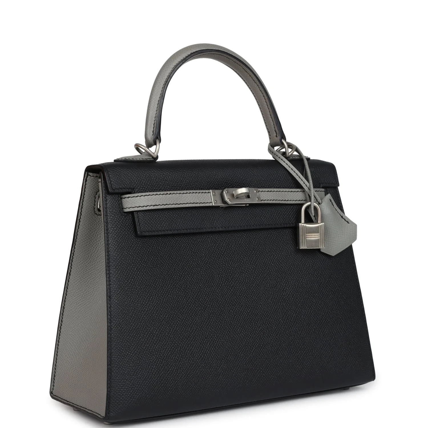 Hermes Special Order (HSS) Kelly Sellier 25 Black and Gris Mouette Epsom Brushed Gold Hardware