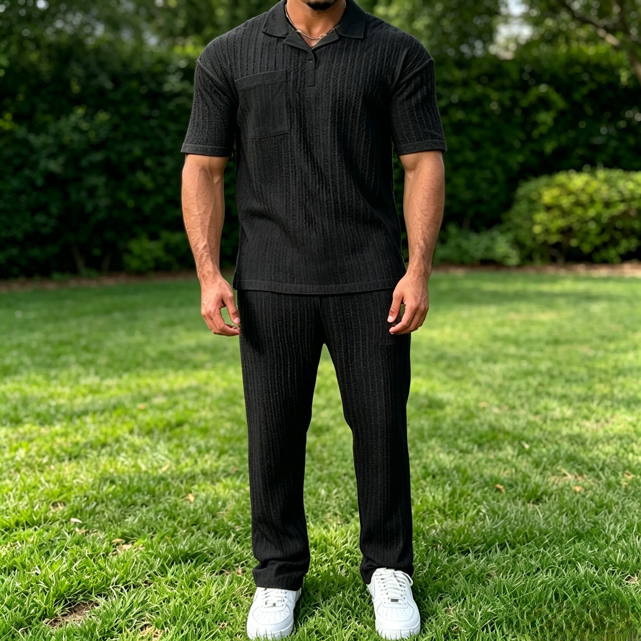 Mivanity Stylish Striped Textured Polo Shirt Sets