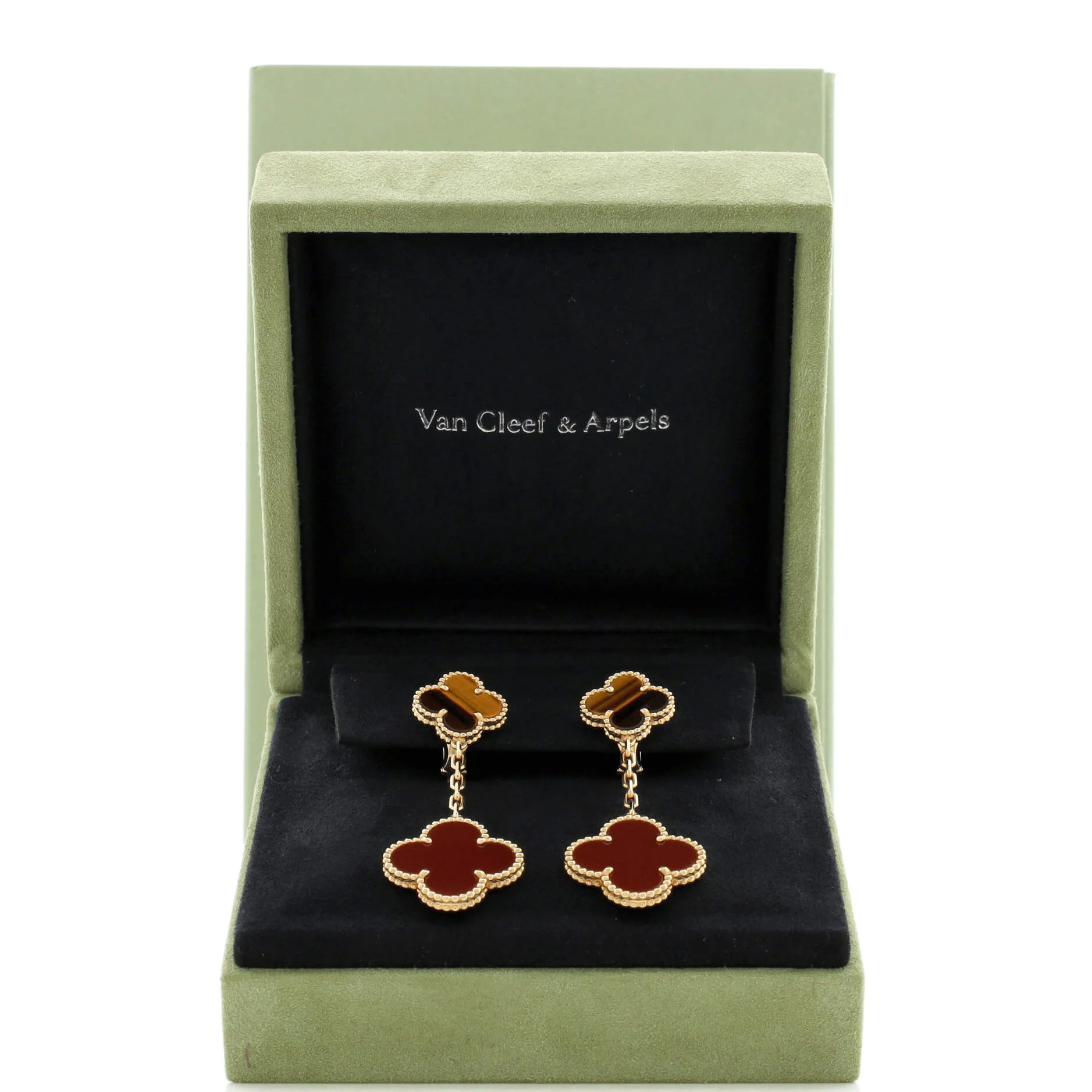 Magic Alhambra 2 Motifs Drop Earrings 18K Yellow Gold with Tiger's Eye and Carnelian