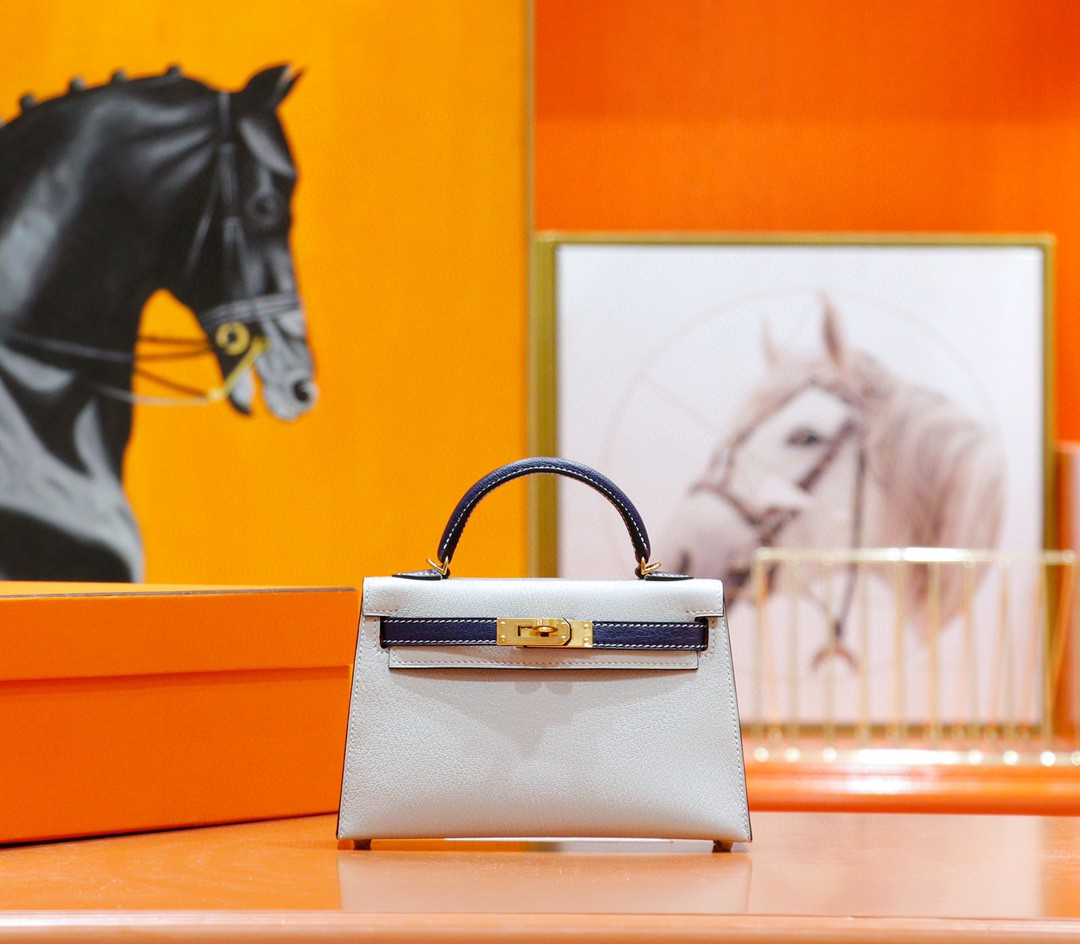 Hermes Minikelly Mini Kelly Pearl Grey with Gemstone Blue, Sheepskin, Fully Hand-Embroidered, Gold Studs, 2nd Generation