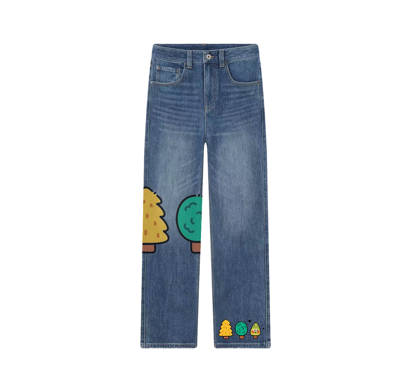 A pair of jeans with a pattern of three trees—a wardrobe essential.