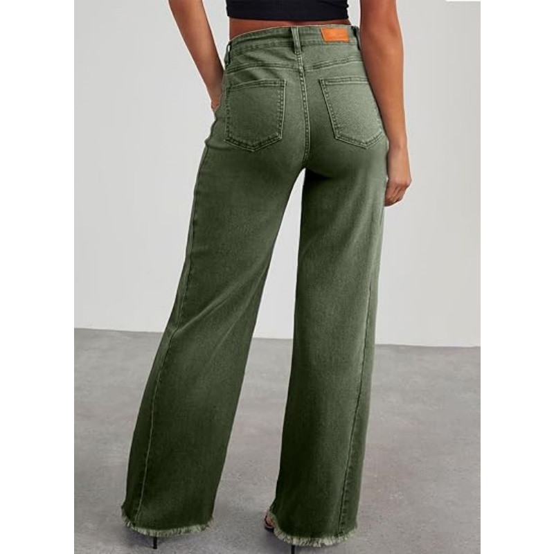 Women's High Waisted Stretchy Wide Leg Raw Hem Denim Jeans