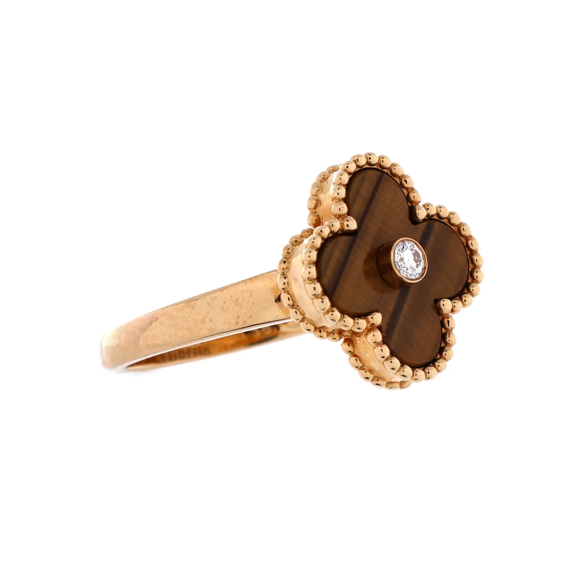 Vintage Alhambra Ring 18K Yellow Gold and Tiger Eye with Diamond