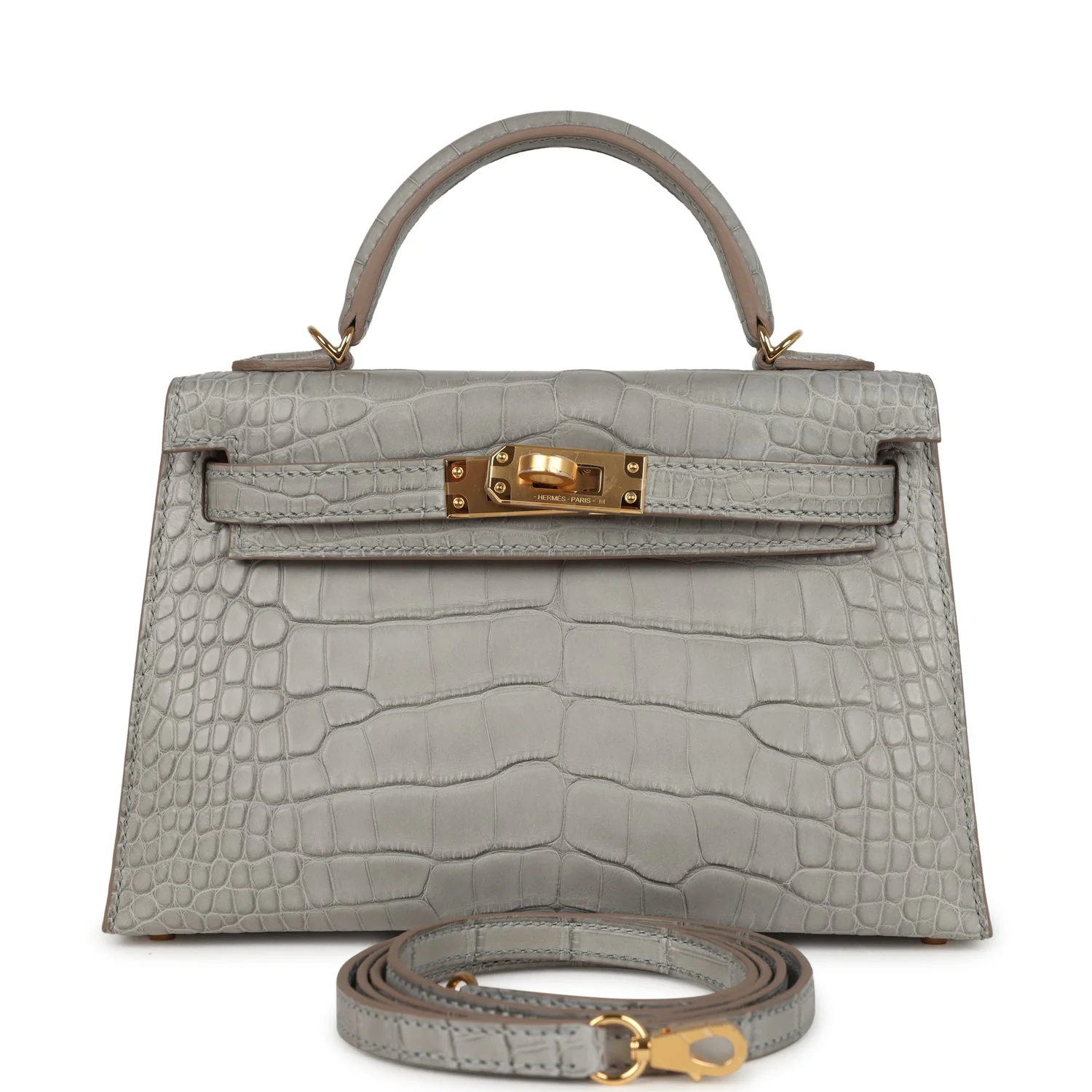 Hermes Special Order (HSS) Kelly Sellier 20 Gris Perle Verso Matte Alligator Gold Hardware
