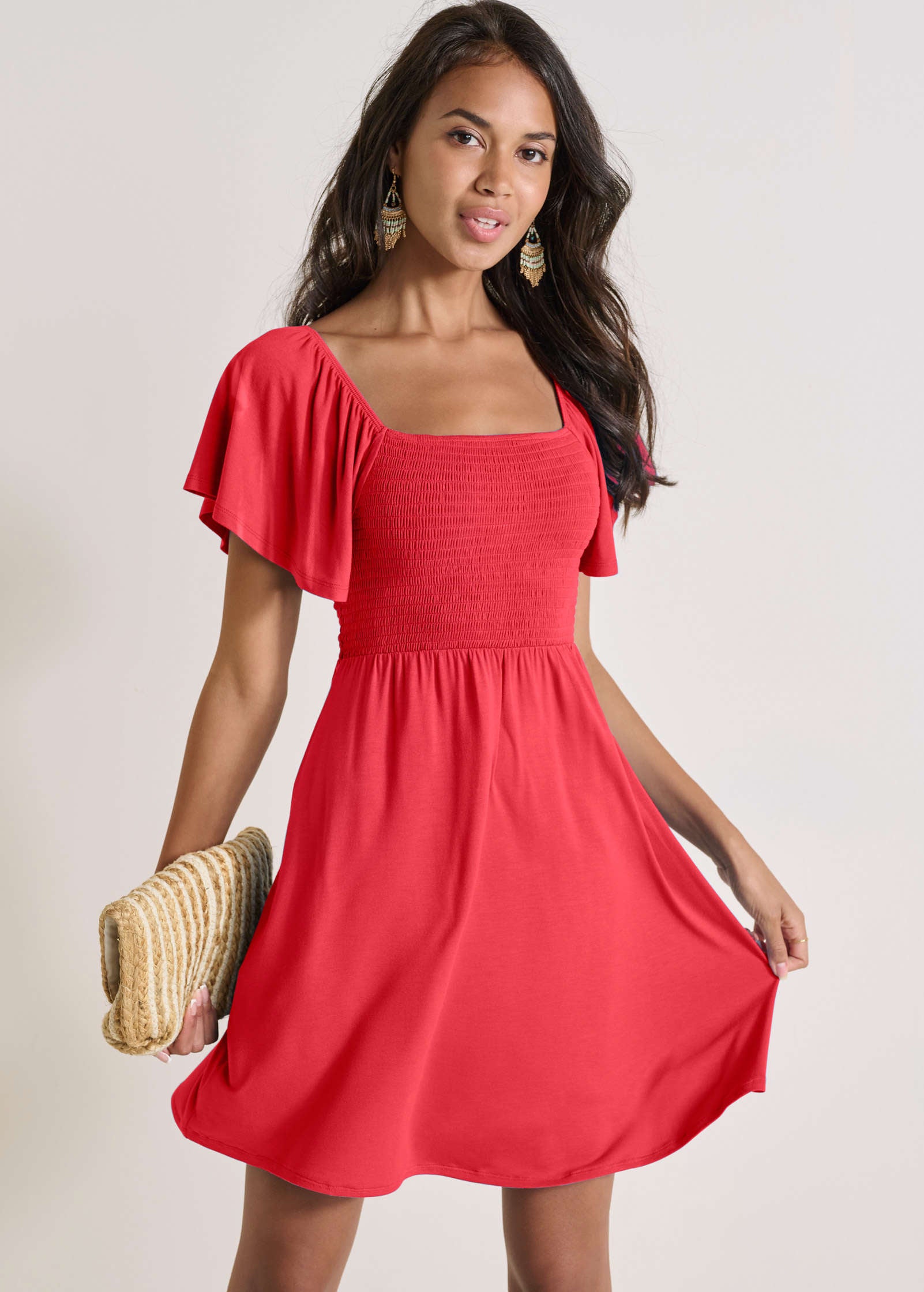 Back Cutout Smocked Dress – Red