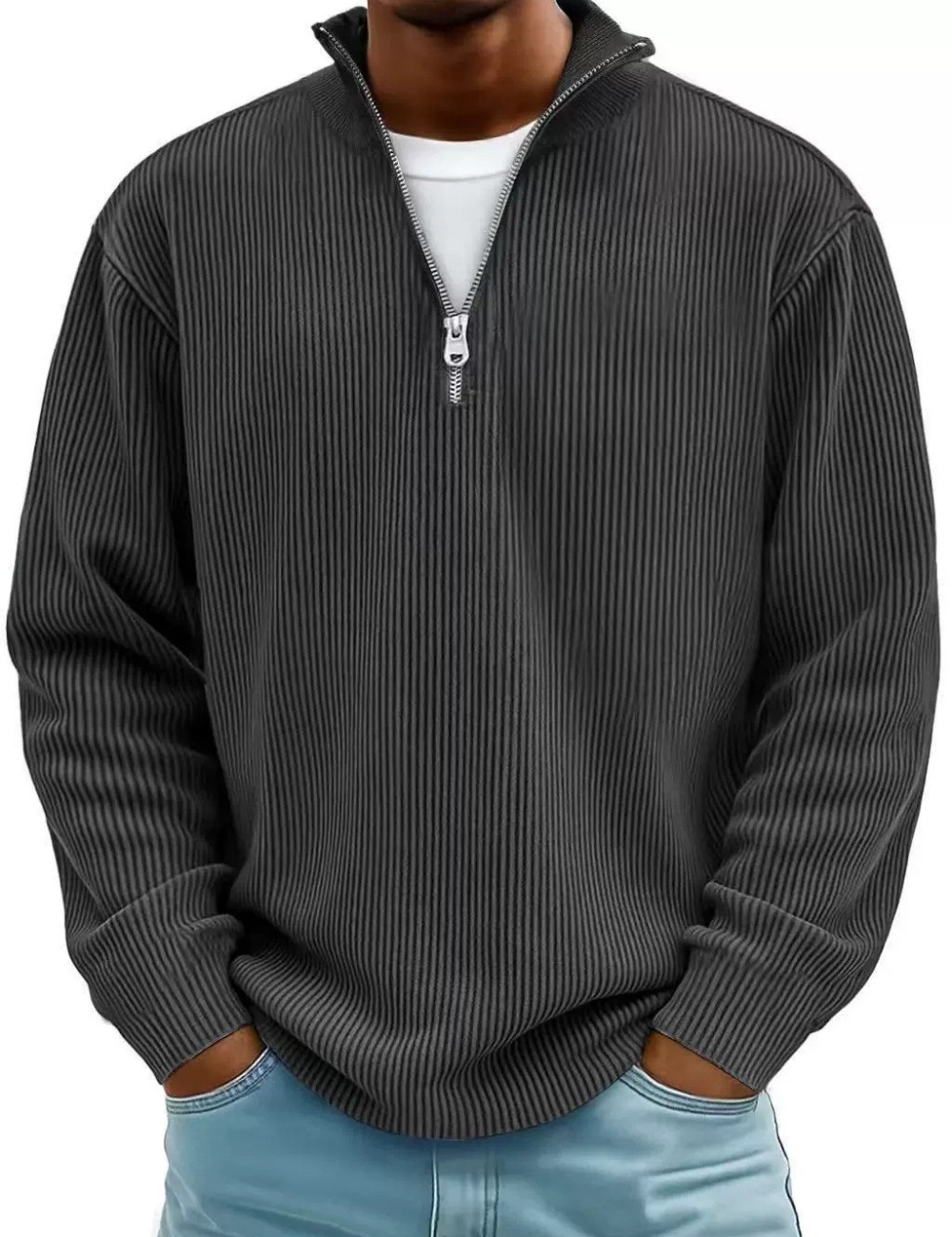 Casual autumn cstand collar shirt corduroy zip tops for men