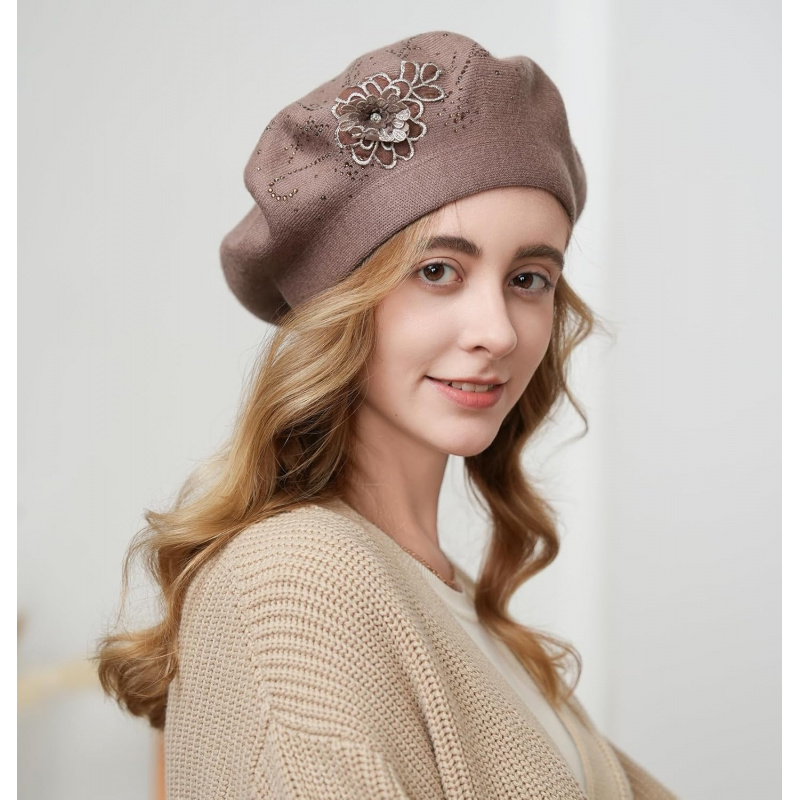 Flower Embroidery Beret Hat for Women