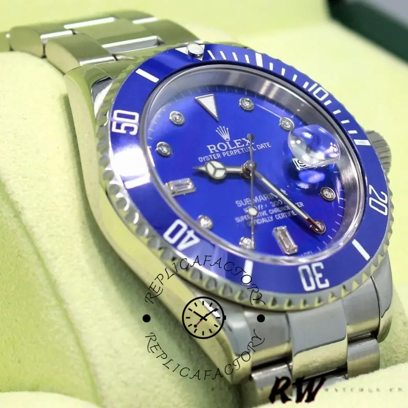 Rolex Submariner 16610 Stainless Steel Blue Bezel Diamond Dial 40mm Mens Replica Watch