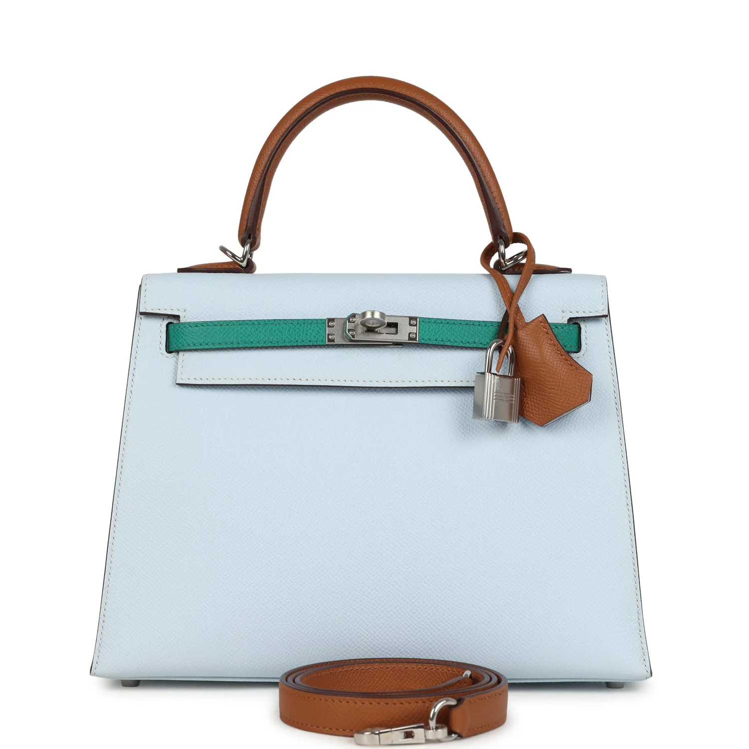 Hermes Kelly Sellier 25 Tri-Color Bleu Brume, Gold and Vert Jade Epsom Epsom Palladium Hardware