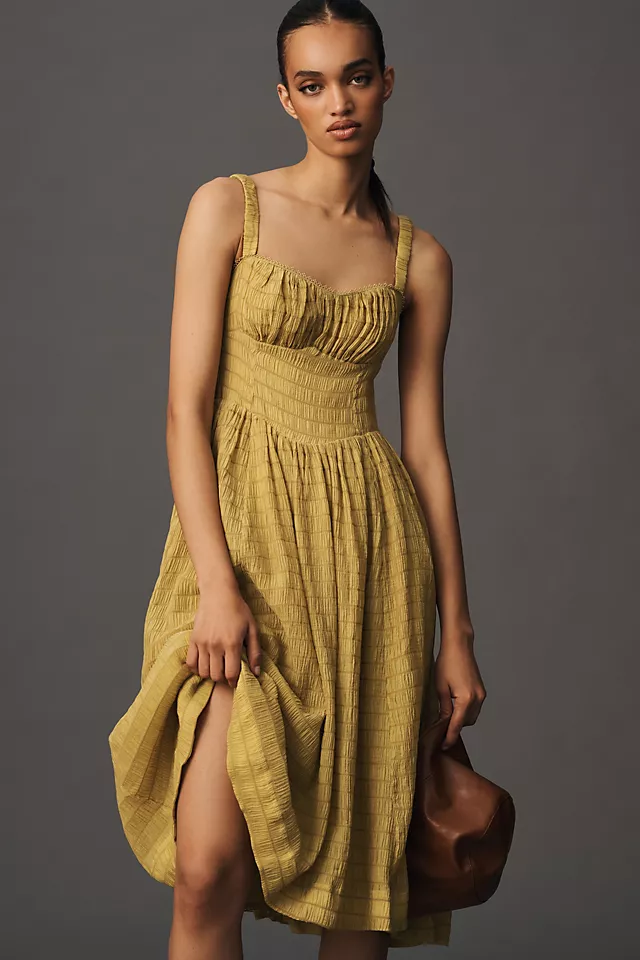 Textured Smocked Midi Dress CHARTREUSE