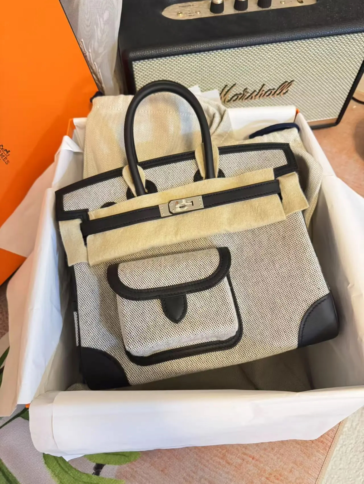 HERMÈS Limited Edition Birkin Cargo 25-35 in Black panda leather and Canvas with Palladium hardware customization