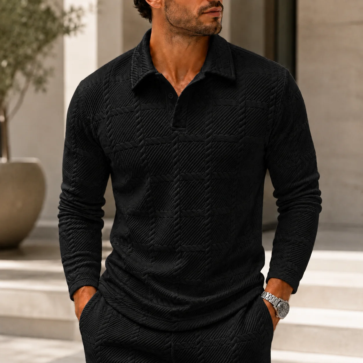 Mivanity Men's Premium Textured Knit Polo Sweater Long Sleeve Casual Collared Pullover Shirt