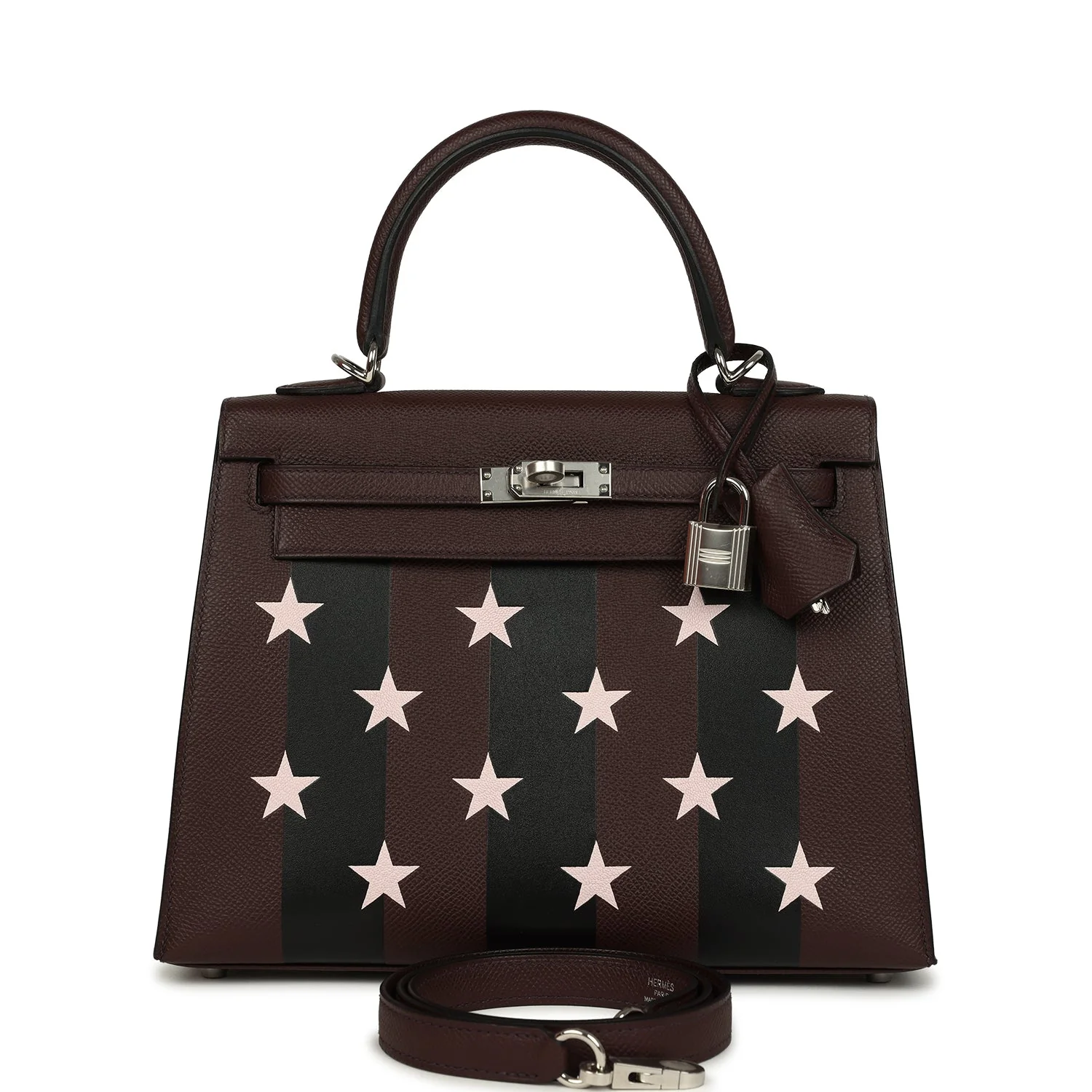 Hermes Kelly Sellier 25 Casaque Etoilee Rouge Sellier Epsom, Black Tadelakt, Rose Darling Chevre Mysore Palladium Hardware