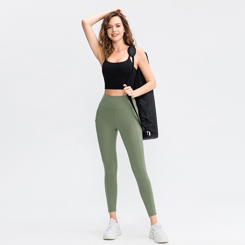 Double-sided brushed feel yoga pants with pockets, women's high-waisted, hip-lifting fitness pants, tight-fitting sports pants.