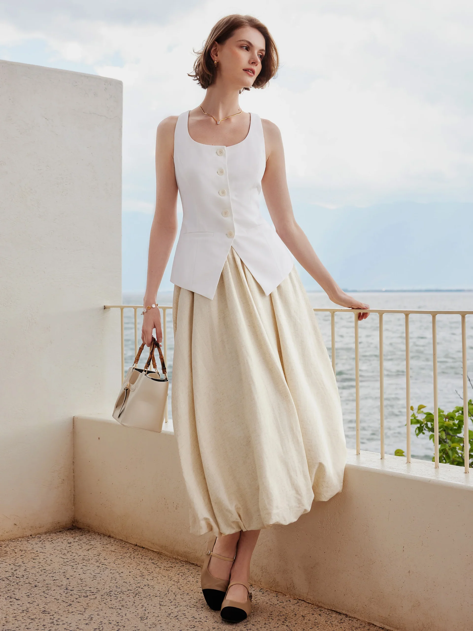 European Linen Bubble Maxi Skirt with Pockets