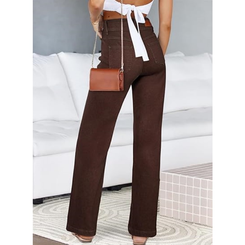 Women's High Waisted Stretchy Straight Leg Jeans, Trendy Loose Wide Leg Denim Pants with Pockets