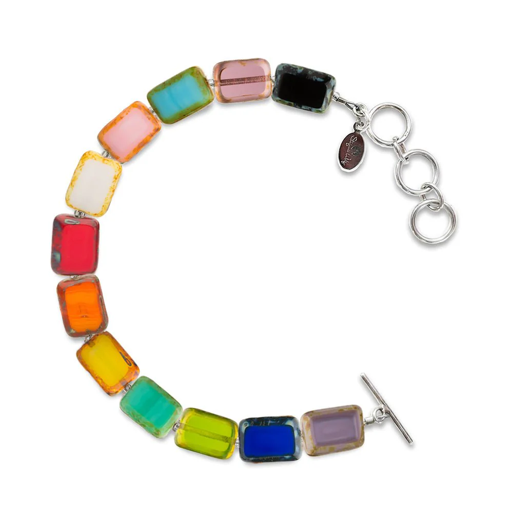 Pride Progress Rainbow Bracelet, Glass Tile Rectangle 1-Strand Bracelet, Trilogy
