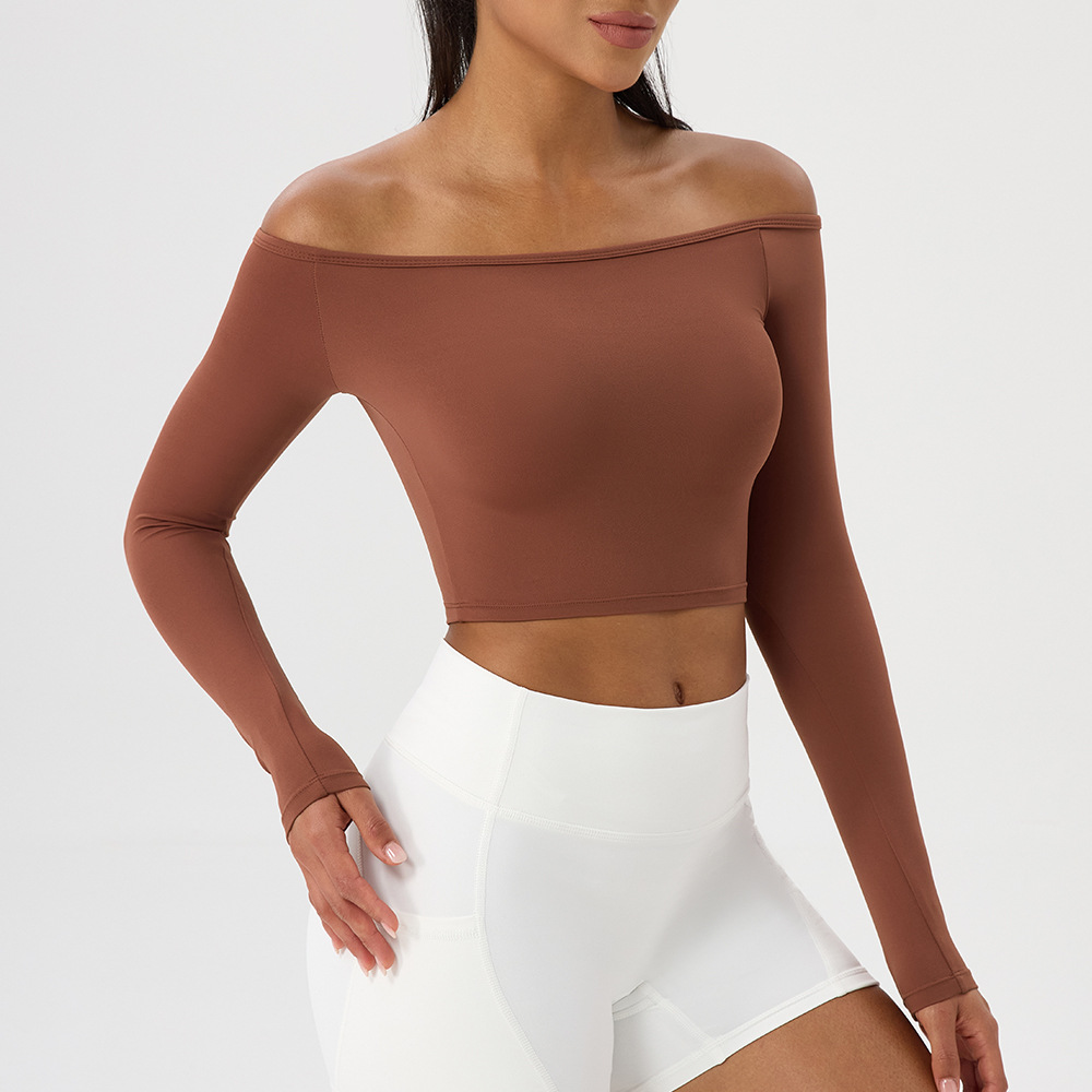 European and American style long-sleeved off-shoulder sexy tight-fitting fitness top, nude-feel quick-drying sports T-shirt
