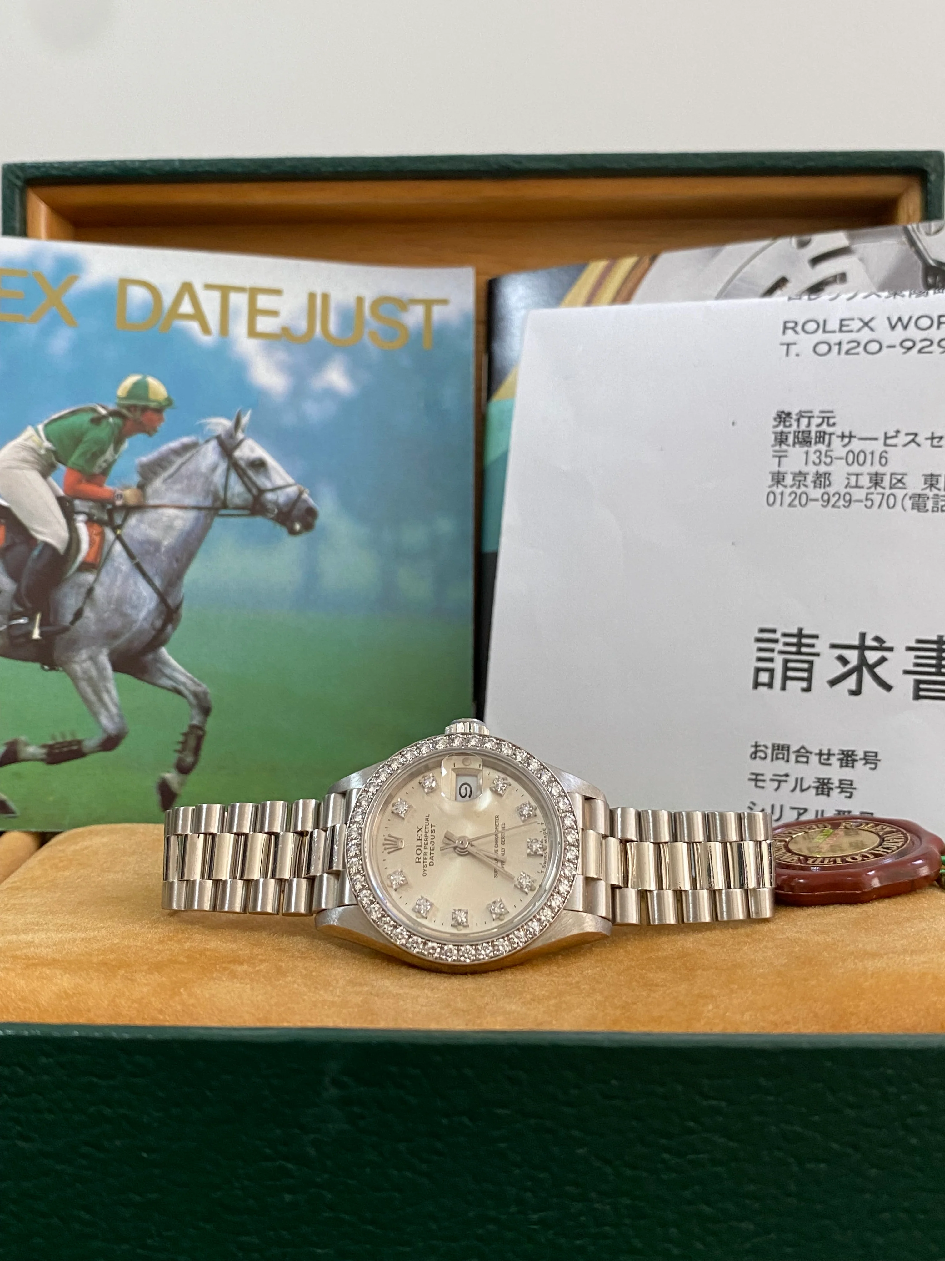 Rolex Platinum Lady-Datejust 26 - L serial - Diamond Bezel - Silver Diamond Dial - President Bracelet - 69136