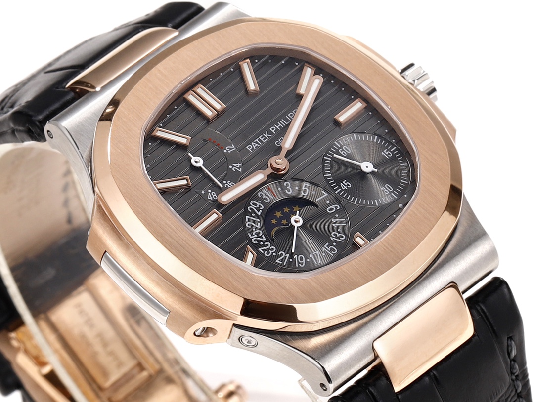 Patek Philippe Nautilus Moon Phases Rose & White Gold Slate Grey Dial 5712GR 001