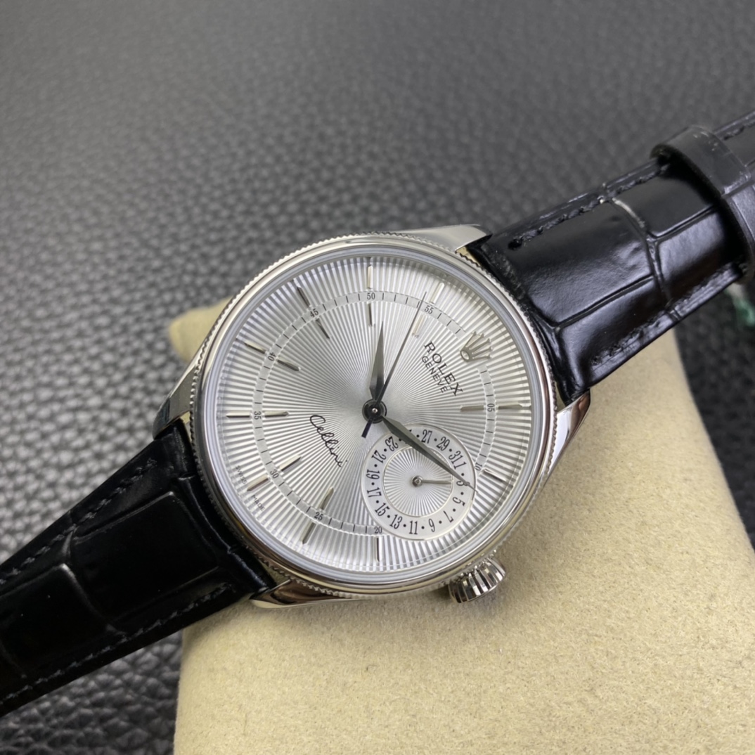 Rolex Cellini Date 50519 Black Leather Silver Dial 39mm Mens Replica Watch
