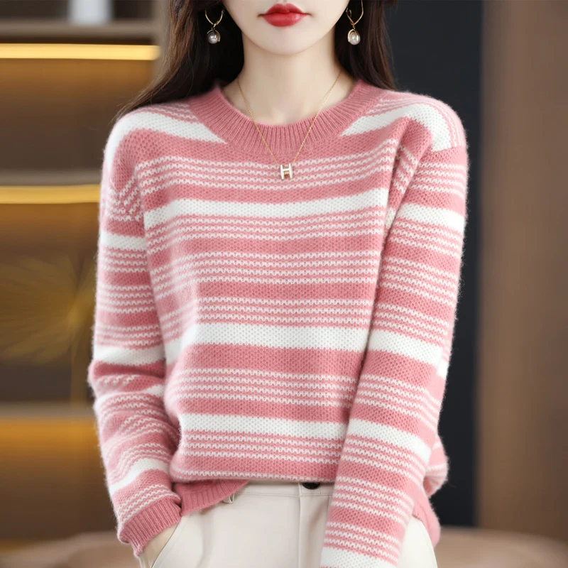 100% Wool Autumn Winter Women’s Soft Sweater Color Matching Round Neck Pullover New Ladies Stripe Knitted All-Match Top