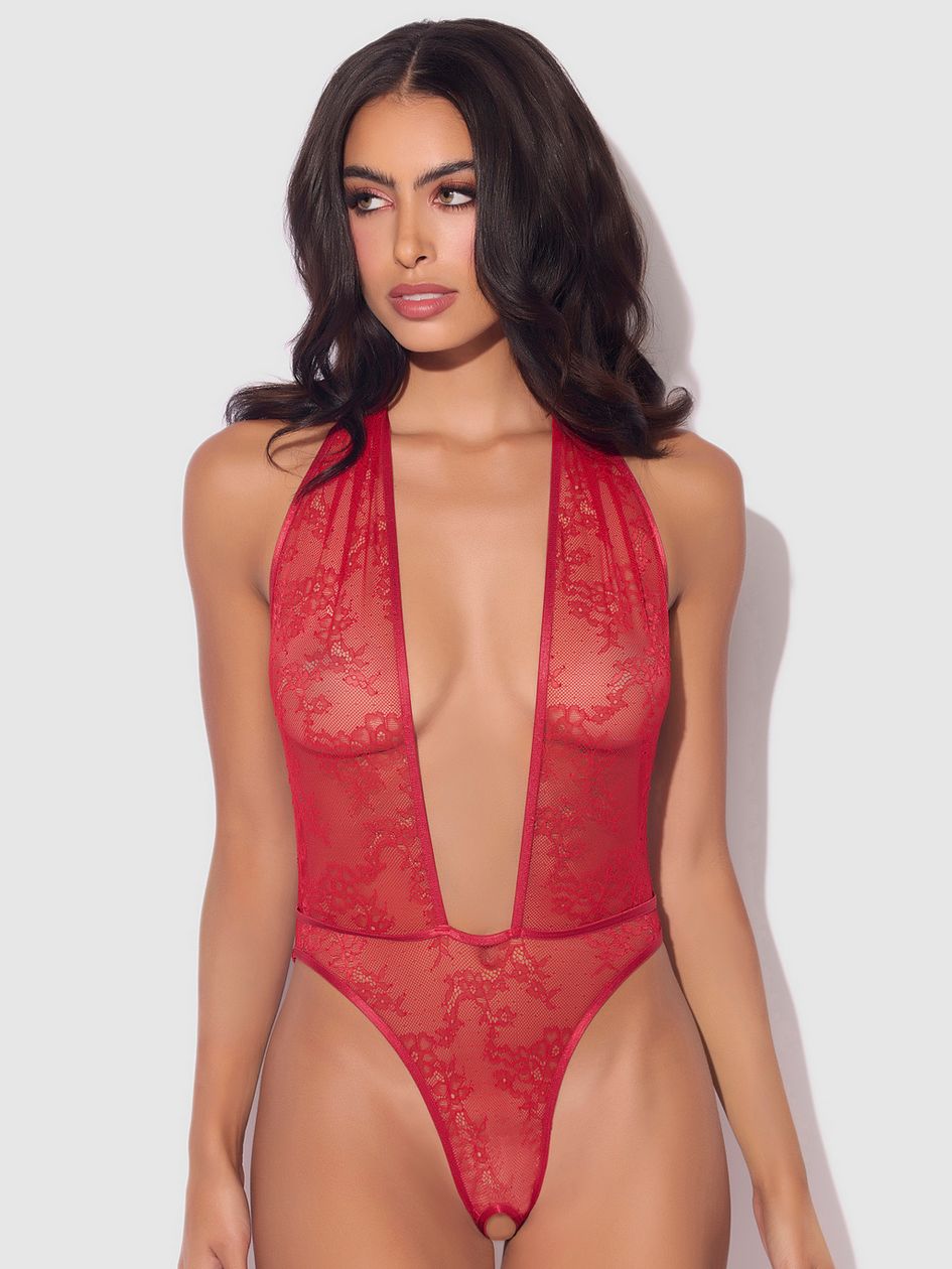 House of Desire Red Kiki Lace Plunge Halter Crotchless Body