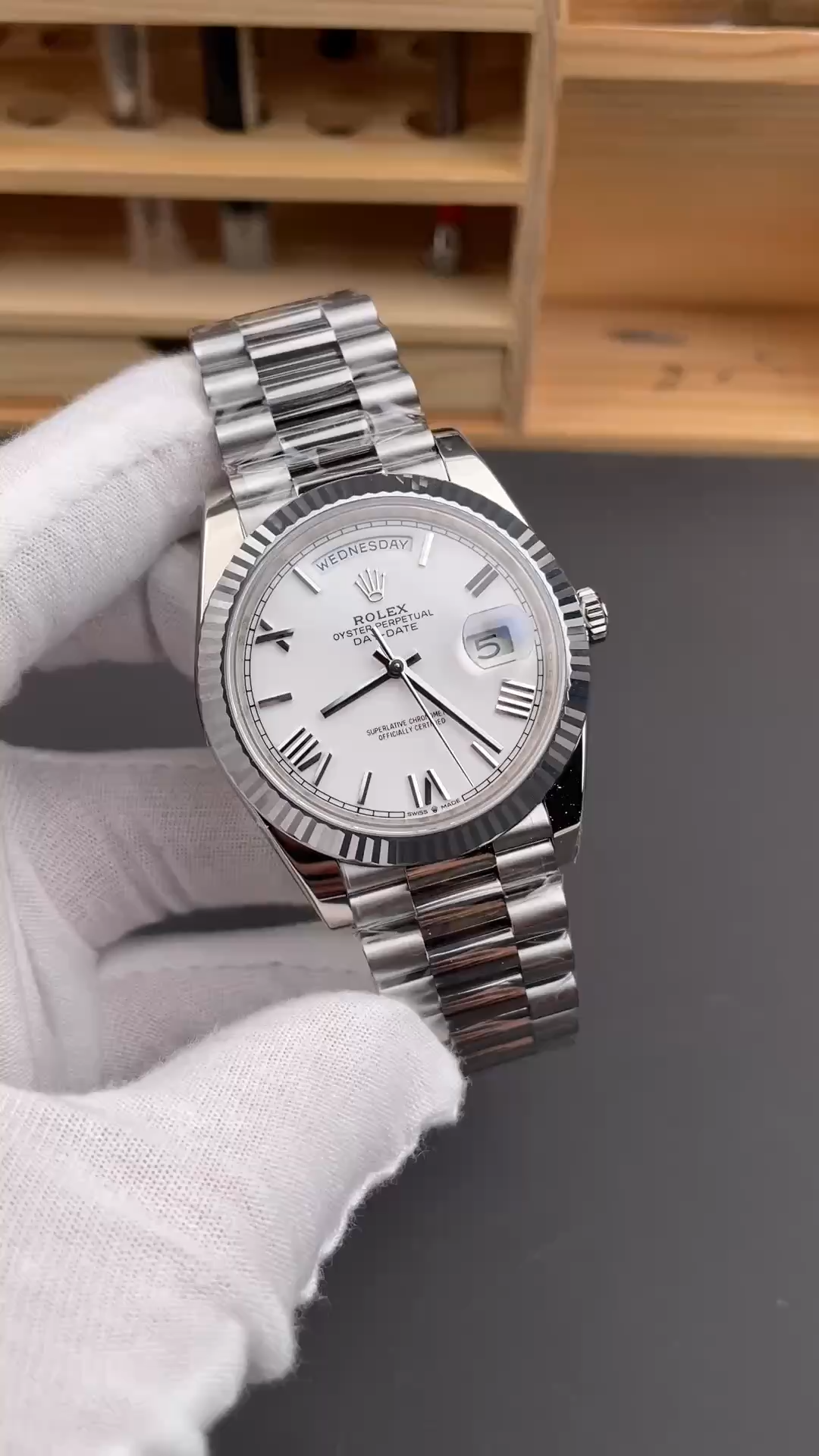 Rolex Day-Date 228239 White Roman Dial Fluted Bezel 40mm Mens Replica Watch