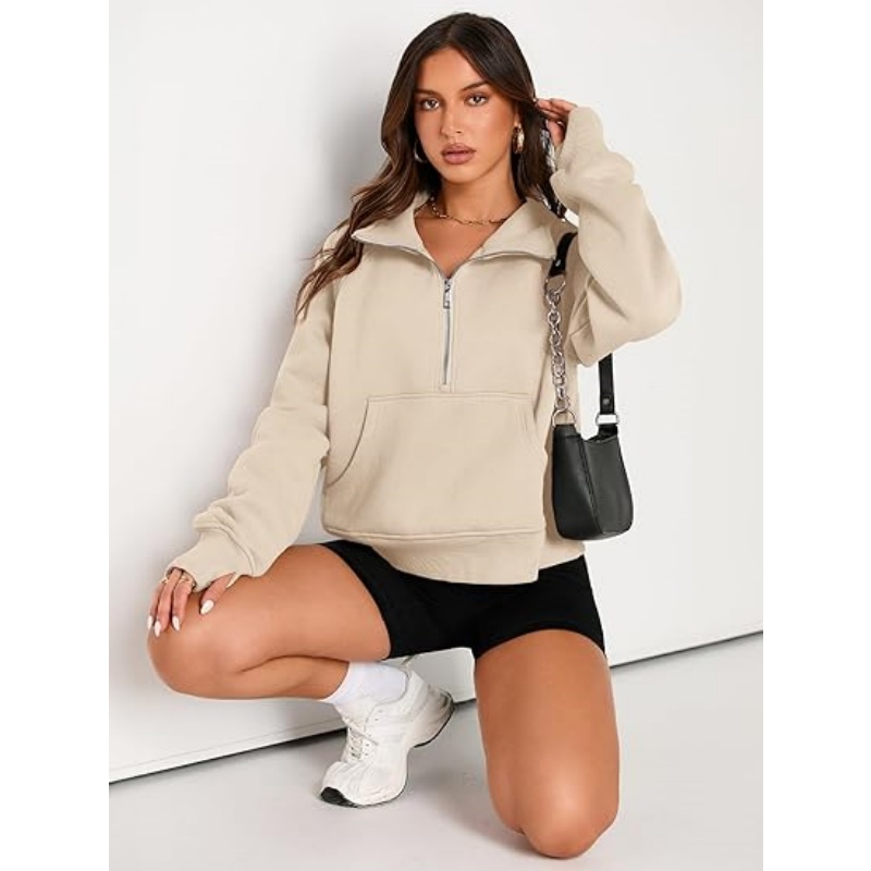Women's Half Zip Cropped Sweatshirt, Fleece Quarter Zipper Pullover