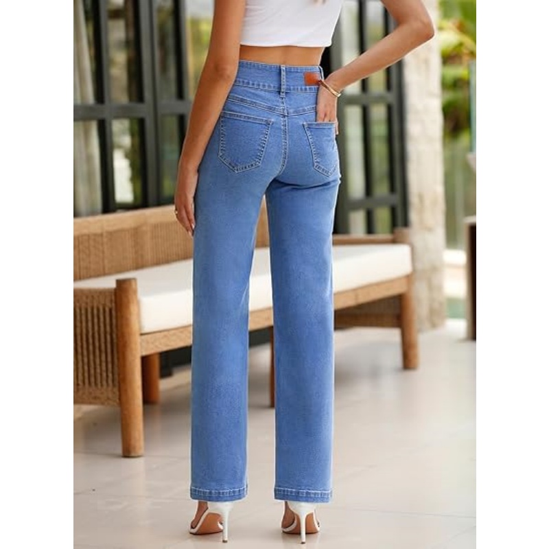 Women's High Waisted Stretchy Straight Leg Jeans, Trendy Loose Wide Leg Denim Pants with Pockets