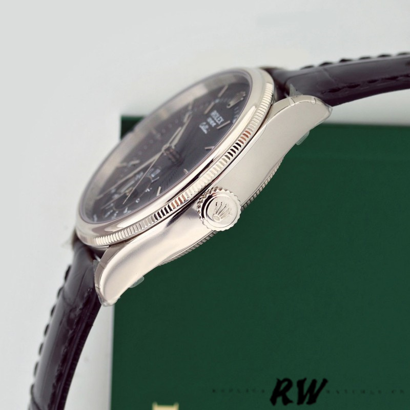 Rolex Cellini Dual Time 50529 Black Dial Brown Leather Strap 39mm Mens Replica Watch