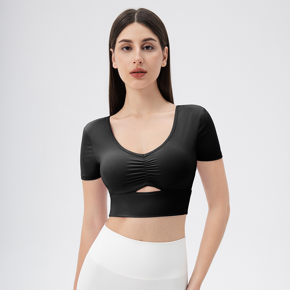 Women's yoga short-sleeved V-neck sexy tight-fitting sports T-shirt with bra pads, short style for fitness, running, training, quick-drying.