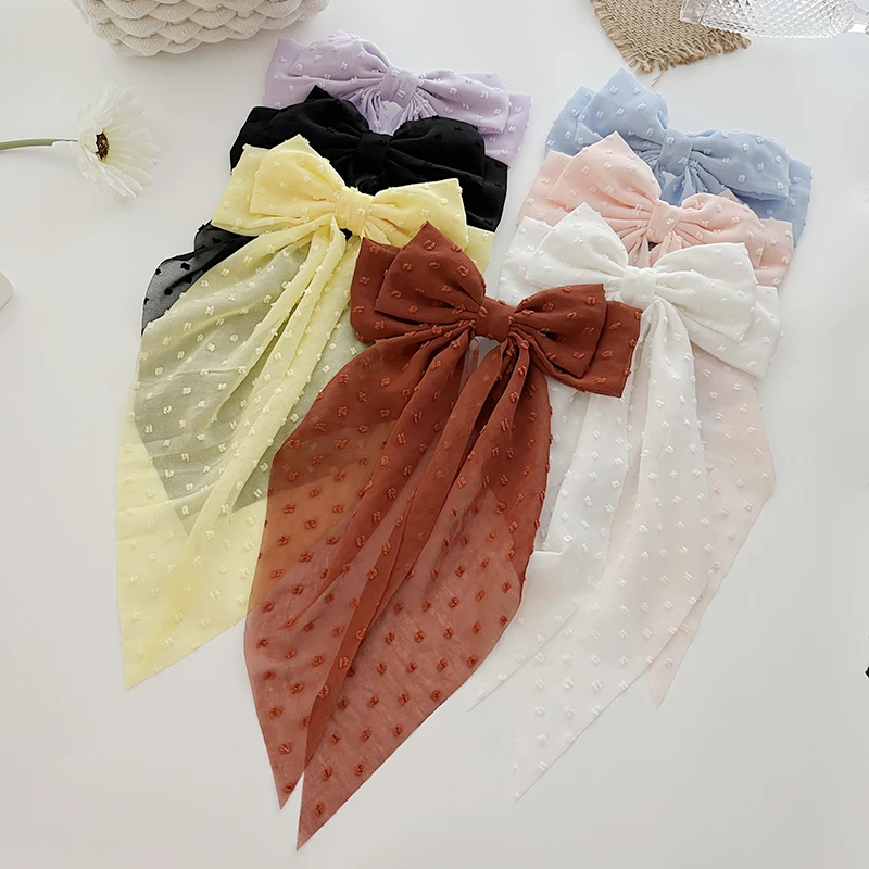 Chiffon Bow Hairpin Elegant Women Fashion Long Simple Solid Satin Clip Hair Pin Retro Headband Girls Hair Accessories
