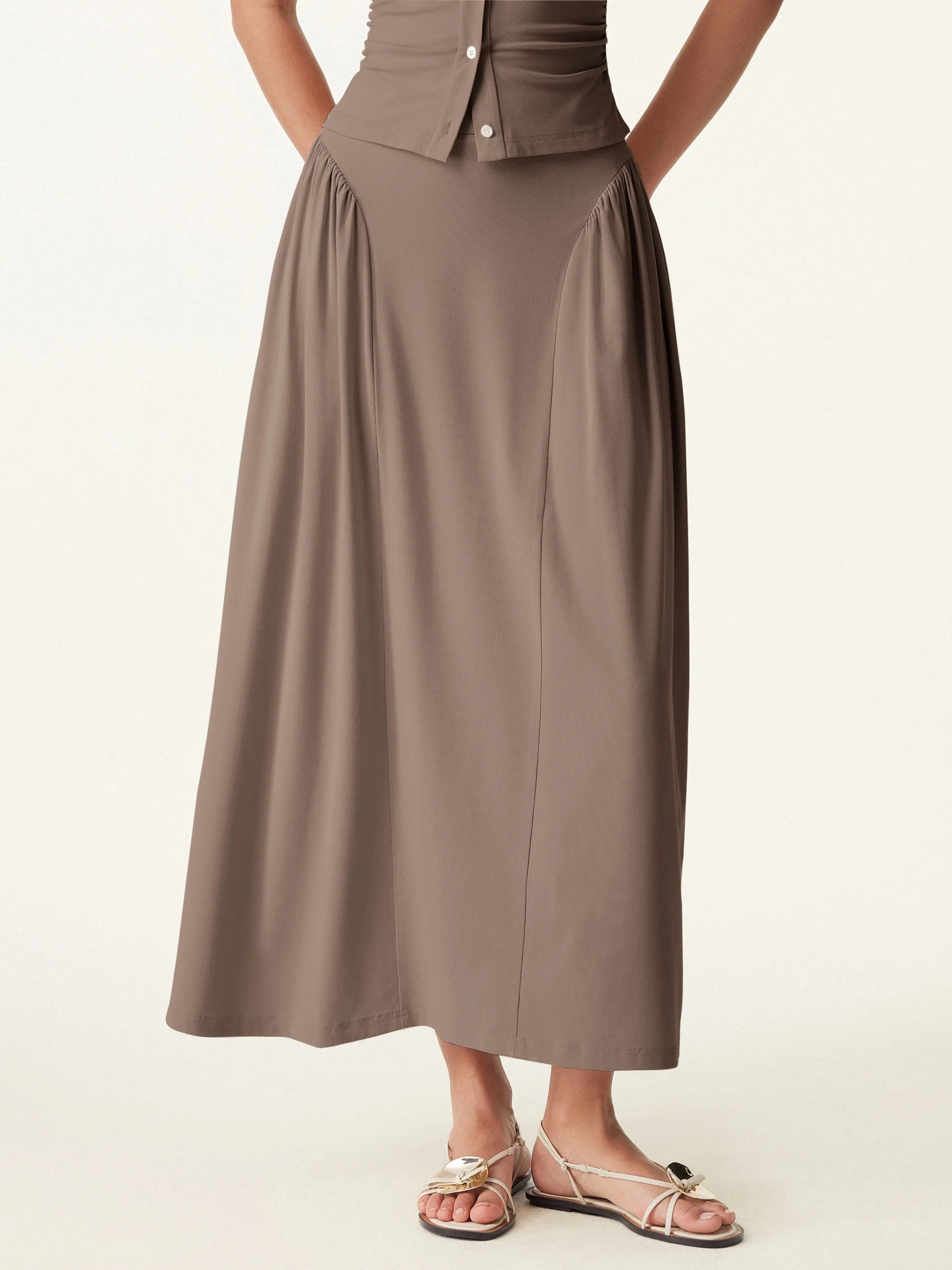 Curved Gathering Flared Midi Skirt with Pockets